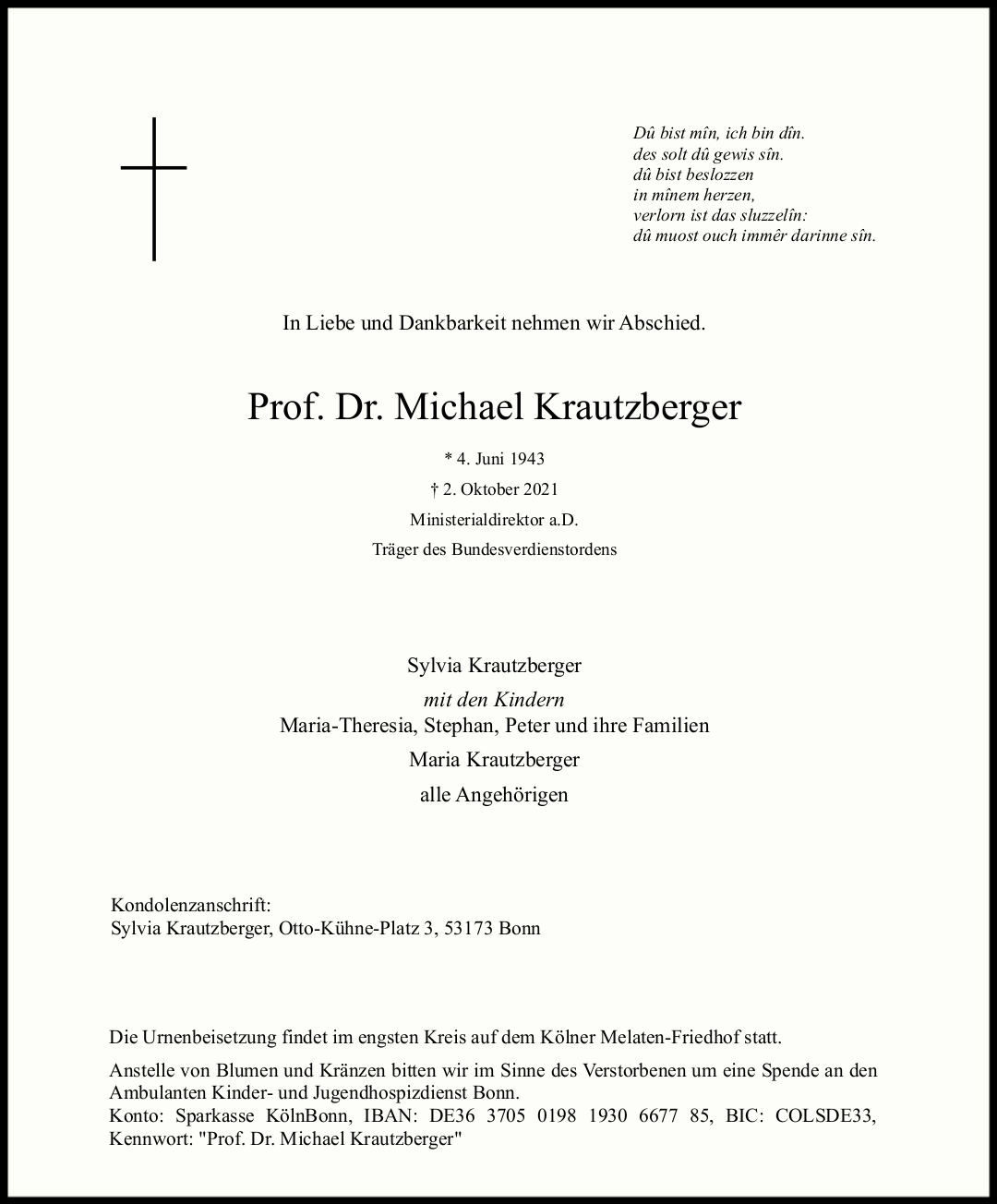 Trauerbrief, Michael Krautzberger, * 4. Juni 1943, † 2. Oktober 2021